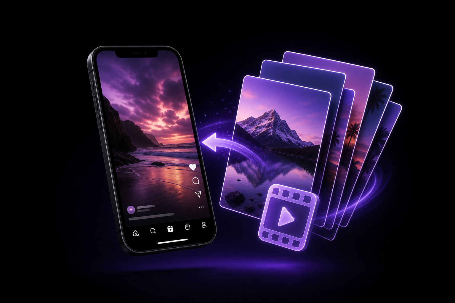 Smartphone and photo cards transforming into an Instagram reel