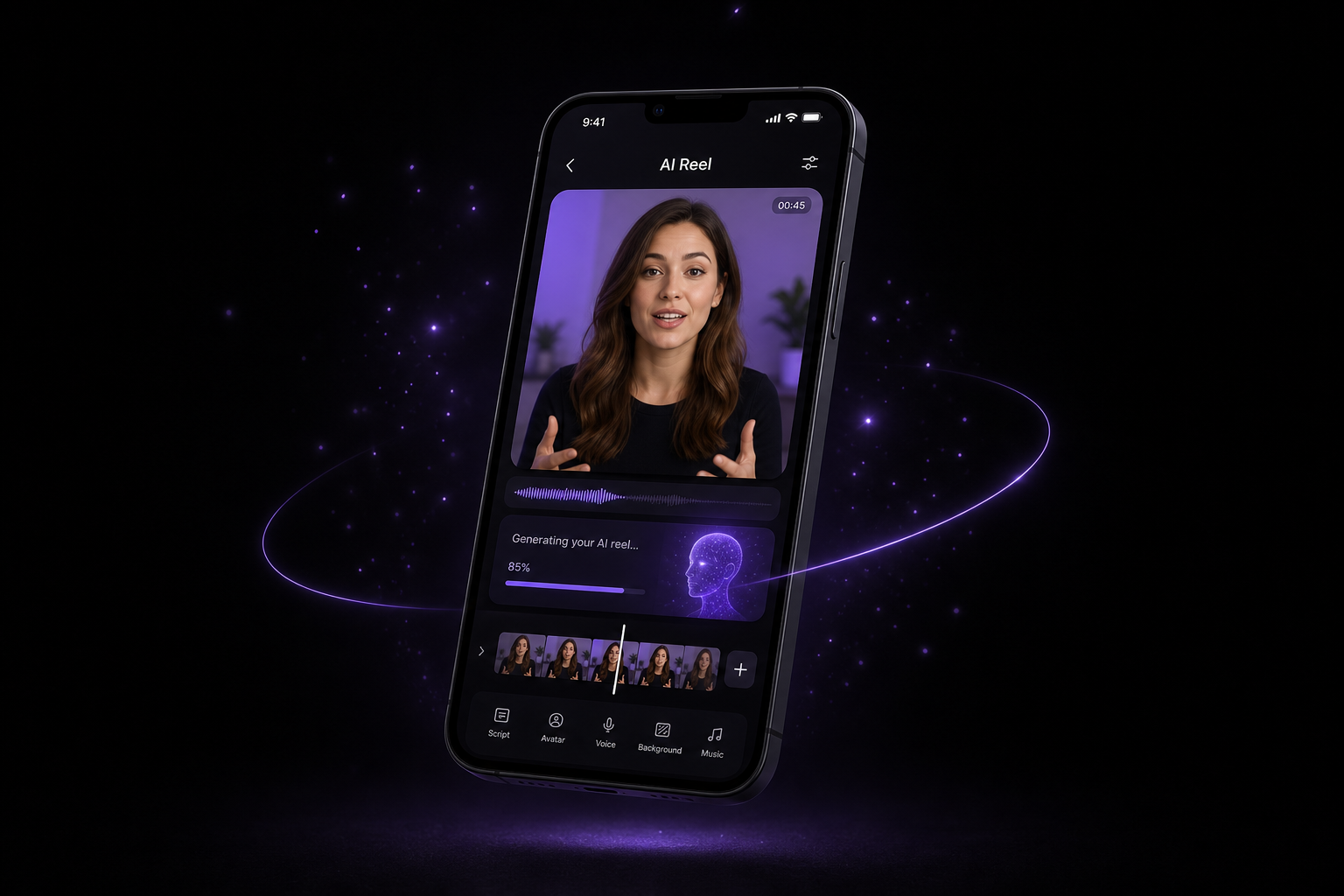 Smartphone generating an AI Instagram reel on a dark background