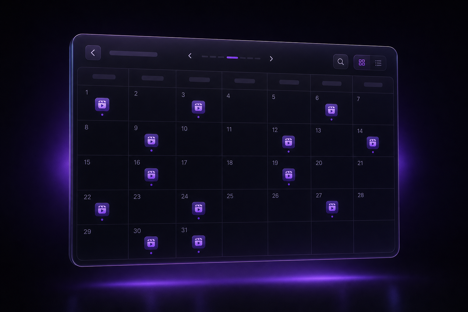 Dark glass weekly schedule board with purple reel markers